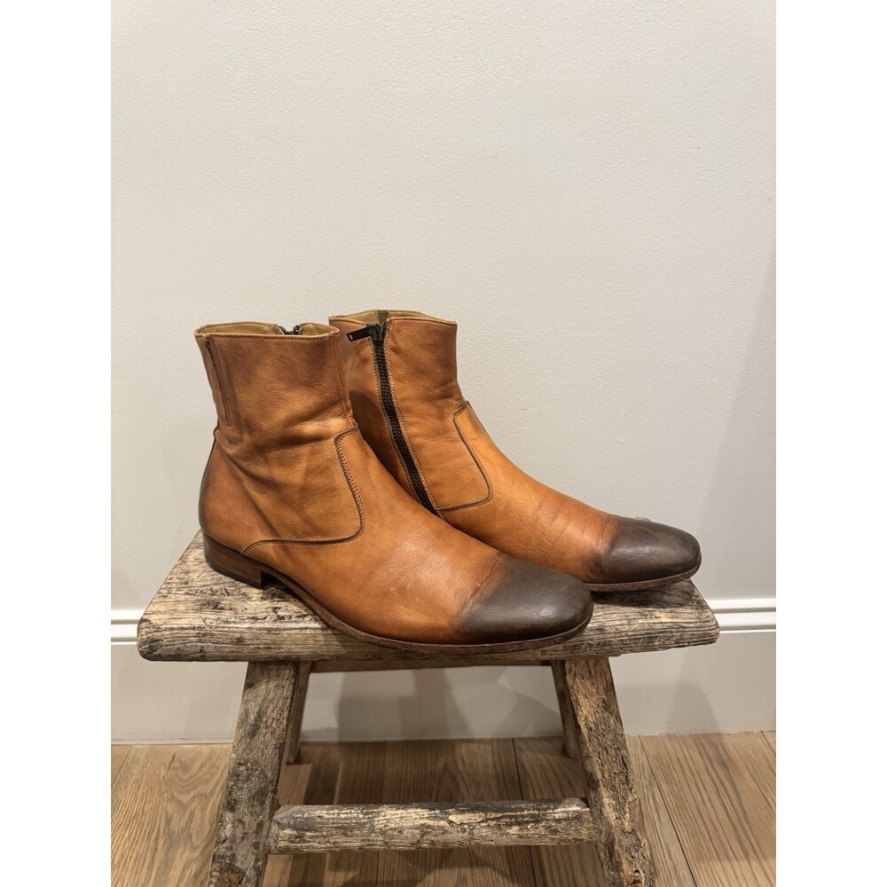 Gordon Rush Men’s Tan Leather Side-Zip Ankle Boots Size 9 Tiger Logo Stamp Italy